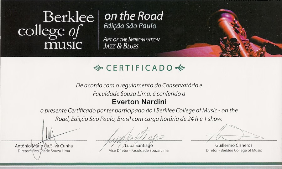 Certificado do Berklee College of Music, Art of the Improvisation, Jazz e Blues, edição São Paulo