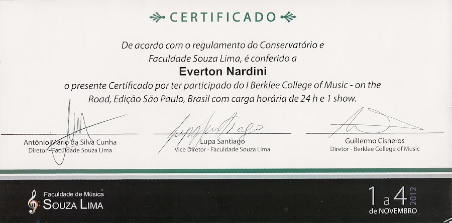 Certificado do Berklee College of Music pelo Conservatório e Faculdade Souza Lima, novembro de 2012