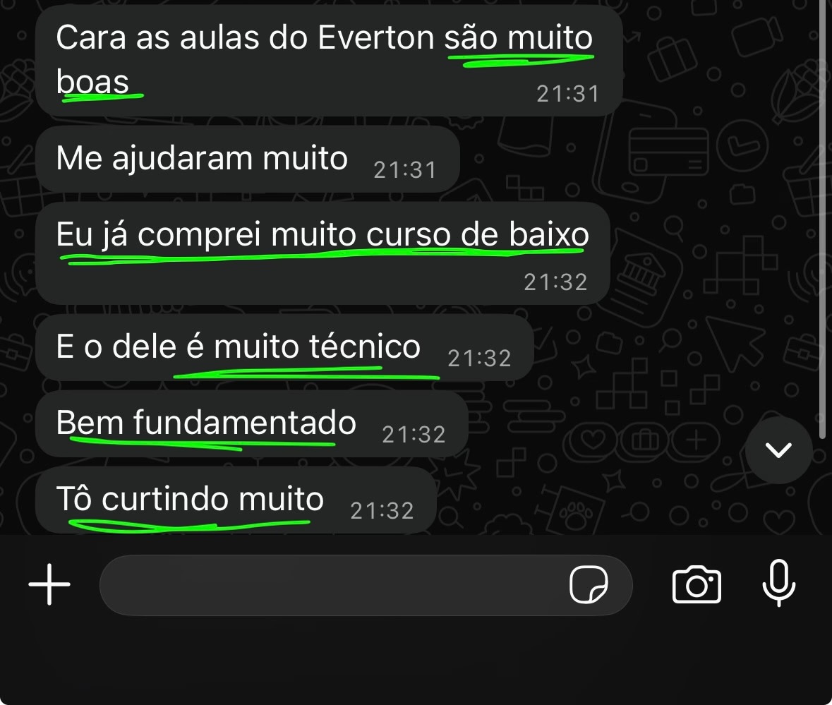 Aluno dizendo que já comprou muito curso de baixo e que o do Everton é técnico e bem fundamentado