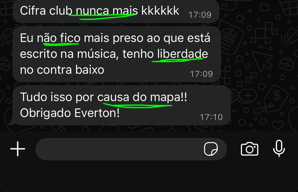 Aluno dizendo que não fica mais preso ao que está escrito na música